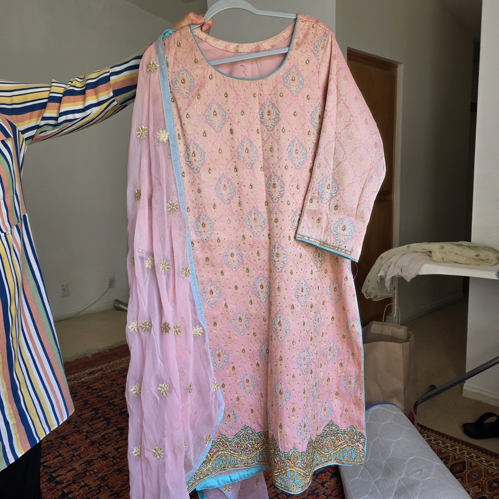 Pakistani 3-Piece Suit Pink & Turquoise with Embroidery Detail - Size 43 - Large